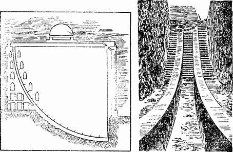 Рис. 9. Обсерватория Улугбека (реконструкция) и его секстант (справа)