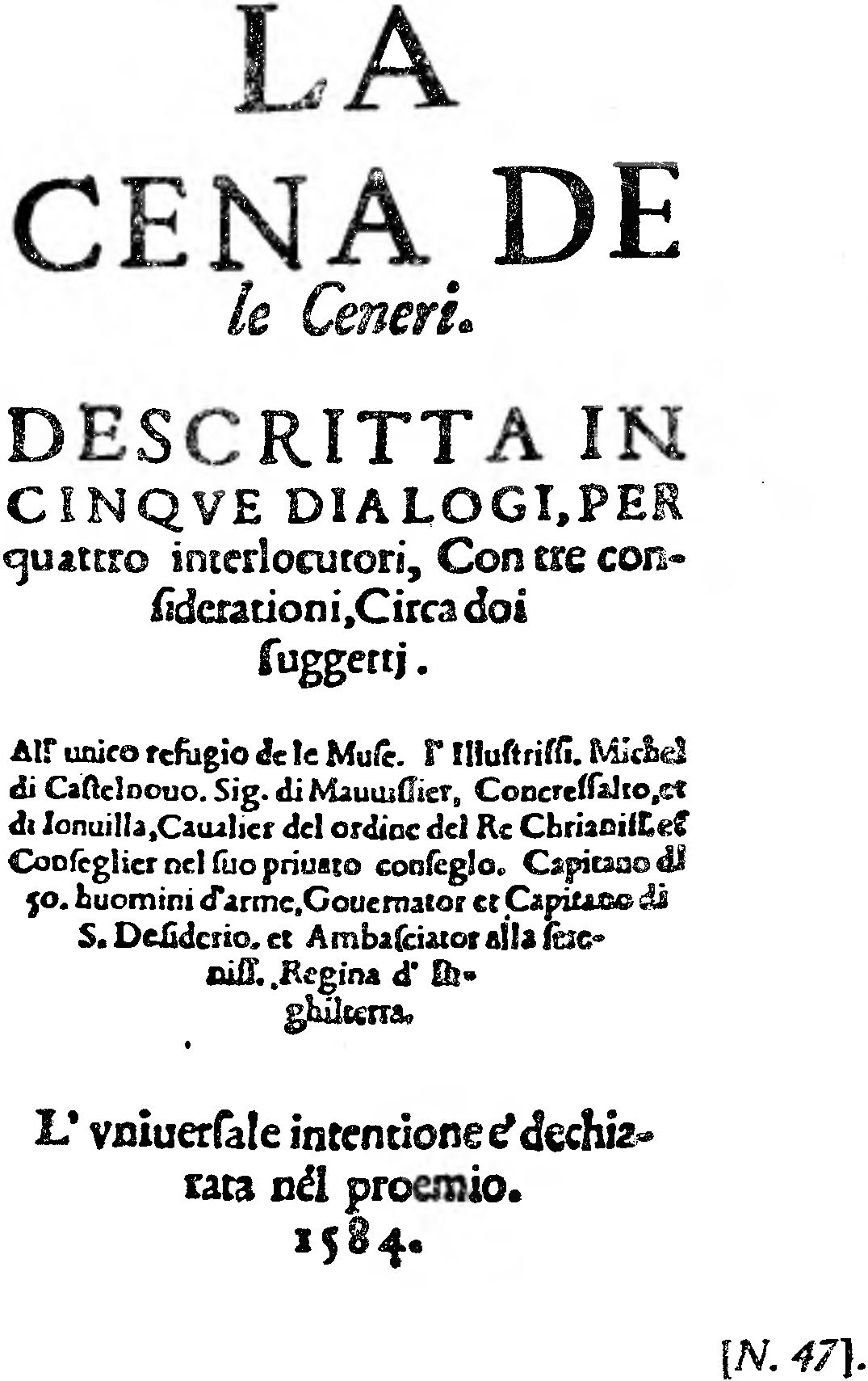 Титульный лист первого издания диалогов Бруно «La cena de le Ceneri» («Пир на пепле»)