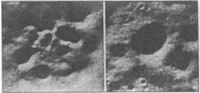 Рис. 29. Близкое соседство круглых кратеров с прямоугольными депрессиями дает основание для сомнений в традиционной гипотезе о кратерировании поверхности, покрытой сетью разломов. Слева снимок LHD5705R.282, справа — LHD5814R.295