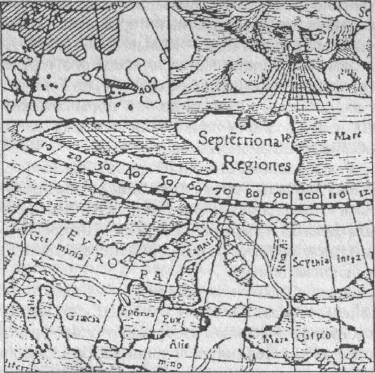 Рис. 40. Несуществующие горы на карте Восточной Европы, составленной Птолемеем, соответствуют языкам и краю ледяного щита, растаявшего около 10 тысяч лет назад (врезка слева вверху)