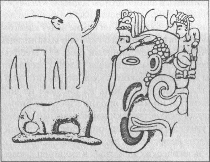 Рис. 64. Доисторические слоны в истории: мини-мамонт с древнеегипетской фрески (авторская прорисовка; вверху слева); старинная индейская трубка из Айовы (внизу слева); барельеф майя из Копана (справа)