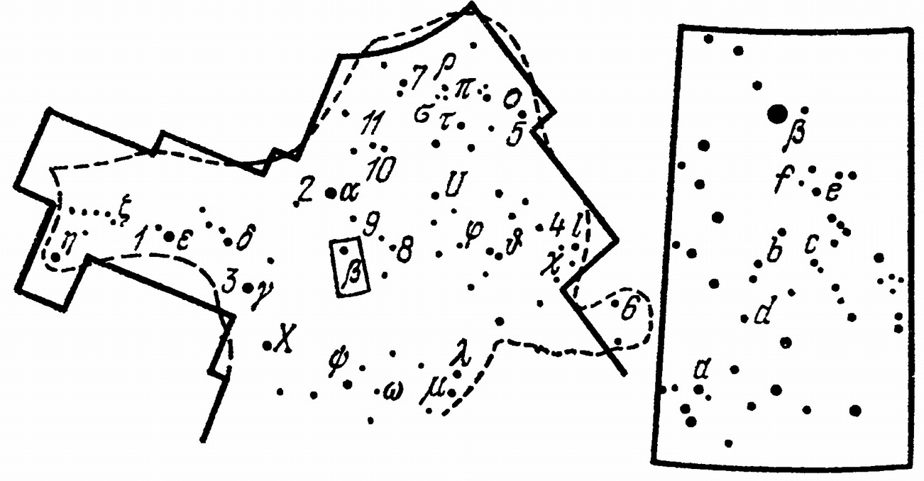 Рис. 4. Карта звездного неба с границами созвездия Большой Медведицы (прерывистая линия — старые границы, сплошная — современные). Справа в крупном масштабе показана со слабыми звездами область, отмеченная слева прямоугольником