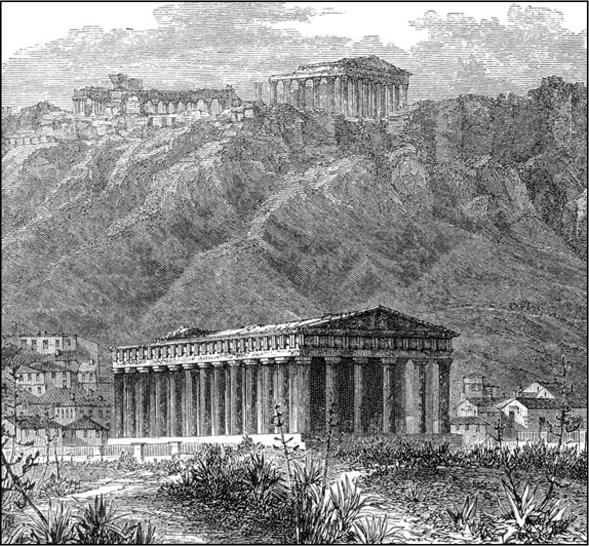 Храм Тесея в Афинах: на заднем плане Акрополь и Парфенон