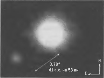 Рис. 6.8. Планета 2М1207 b (слева). Это первое изображение планеты, находящейся за пределами Солнечной системы. Она имеет массу от 3 до 10 M<sub>j</sub> и обращается вокруг коричневого карлика 2MASSWJ1207334—393254 массой 25 М<sub>j</sub>. Снимок получен в ближнем ИК диапазоне с использованием адаптивной оптики на 8,2-метровом телескопе VLT Европейской южной обсерватории (Чили) в 2004 г