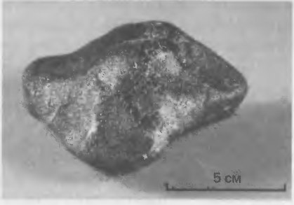 Рис. 7.3. Этот метеорит размерами 9,6×8,1v8,7 см и массой 631 г, упавший в 1960 г. в Западной Австралии, специалисты считают осколком астероида Веста. Он почти целиком состоит из минерала пироксена, оптический спектр которого очень похож на спектр Весты. На Земле этот минерал обычно встречается в потоках лавы. Судя по структуре метеорита, его вещество однажды испытало плавление. Похоже, что он был выбит из глубоких недр астероида. Соотношение изотопов кислорода в нем совсем не такое, как в земных и лунных породах. Образец покрыт корой плавления, образовавшейся при полете в атмосфере Земли