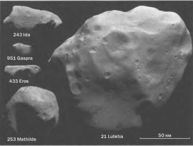Рис. 7.5. Некоторые из астероидов, с которыми к середине 2010 г. сближались космические зонды. Все снимки в одном масштабе. Фото: NASA, ESA