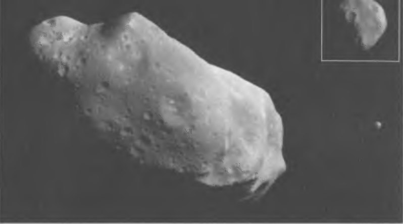 Рис. 8.3. Астероид Ида (243 Ida) размером 54×24×15 км и его спутник Дактиль (Dactyl) размером около 1,5 км, сфотографированные в 1993 г. в момент пролета мимо них межпланетного зонда «Галилео» (NASA), направлявшегося к Юпитеру. Общий снимок получен с расстояния 10 500 км, а снимок Дактиля (на врезке) с расстояния 3900 км. Фото: NASA, JPL, USGS