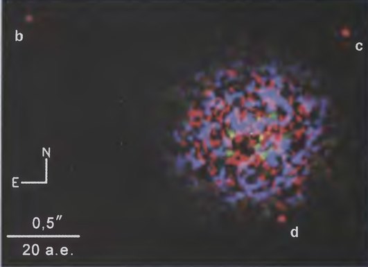 Планетная система звезды HR 8799. Это изображение в условных цветах было получено в ближнем ИК-диапазоне на телескопах Keck и Gemini с применением адаптивной оптики и самой изощренной техники цифровой обработки данных. Цветное пятно в центре — остаток изображения звезды после его «глушения»; b, с, d — планеты. Фото: Marois и др., http://arxiv.org/abs/0811