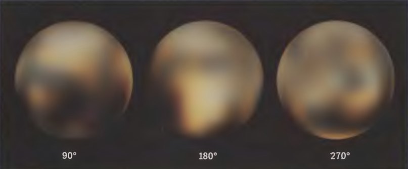Наиболее детальное изображение Плутона, полученное по снимкам космического телескопа «Хаббл» Планета-карлик показана в трех ориентациях; под каждым изображением указана долгота его центрального меридиана. Цвета близки к естественным. Фото: HST NASA