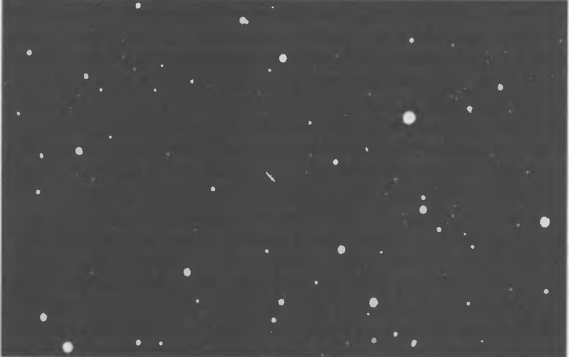 Рис. 4.8. Фотография звездного неба, полученная Максом Вольфом 21 марта 1892 г., на которой он впервые заметил астероид Свея (329 Svea), оставивший короткий прямой след в центре снимка