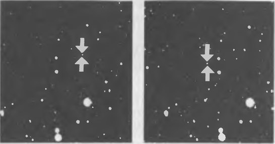 4.17. Эти две пластинки Клайд Томбо получил 23 января (слева) и 29 января 1930 г. Положение Плутона отмечено стрелками; видно, как он сместился за эти дни