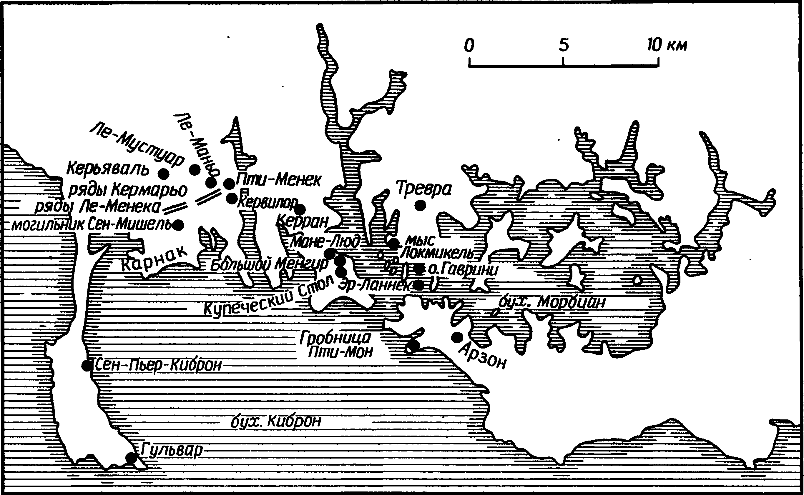 Рис. 2.3. Положение на карте Бретани (в окрестностях Карнака) некоторых мест, упоминаемых в тексте