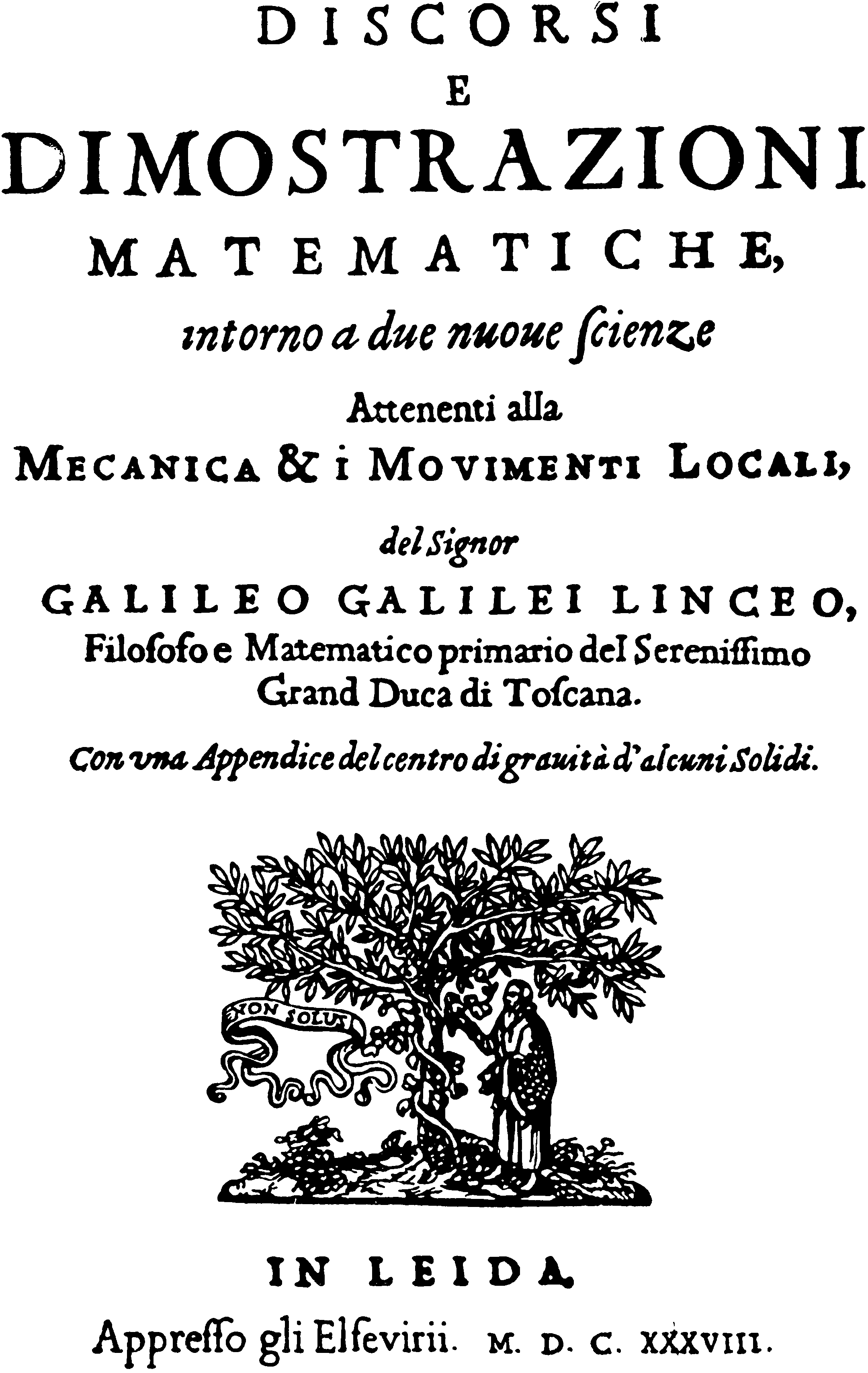 Рис. 28. Титульный лист книги Галилея «Беседы и математические обоснования» (Лейден, 1638)