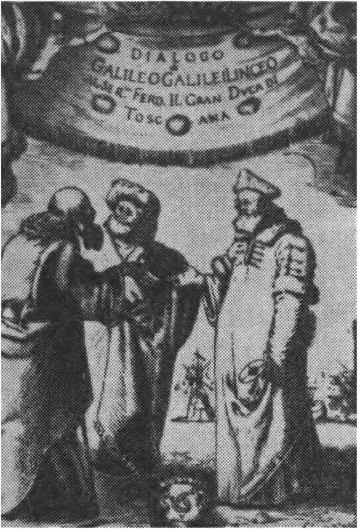 Рис. 2 Гравюра на титульном листе Dialogo (1632) разговор Аристотеля, Птолемея и Коперника (последнему приданы черты Галилея)