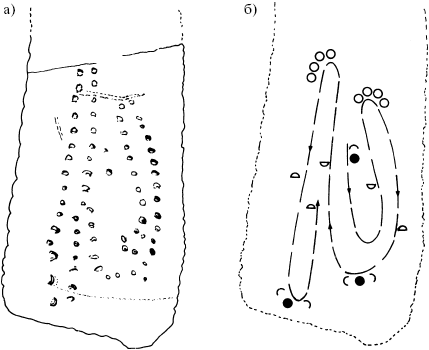 Рис. 4: а) костяная пластина с рисунками из пещеры Бланшард (Дордонье) (на основе фотографии); б) схематическая репрезентация нотации 2¼ лунного месяца, прослеженная на кости из Бланшарда по идее Маршака