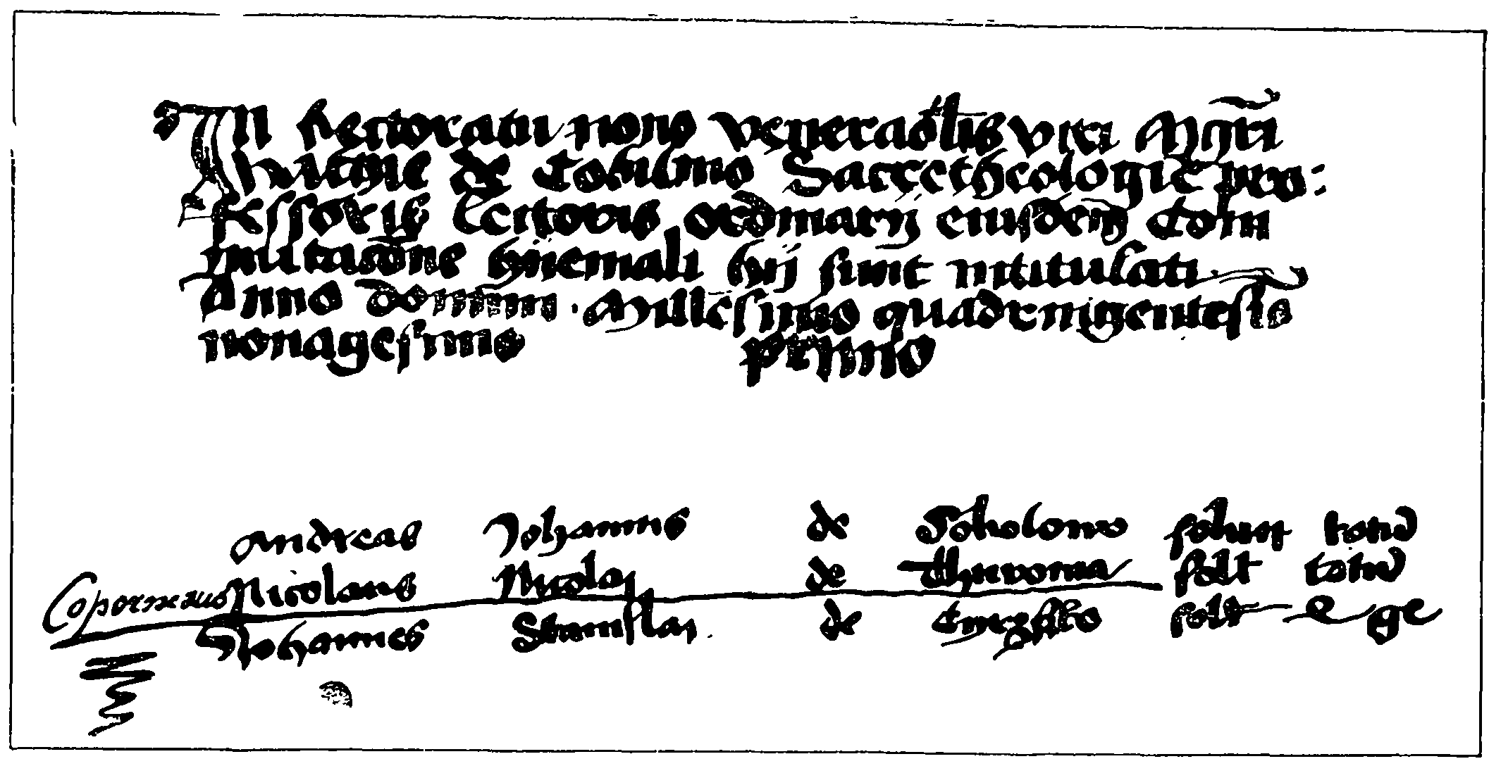 Заголовок матрикула Краковского университета на зимнее полугодие 1491 г. и запись об уплате «Николаем из Торуни» имматрикуляционной суммы