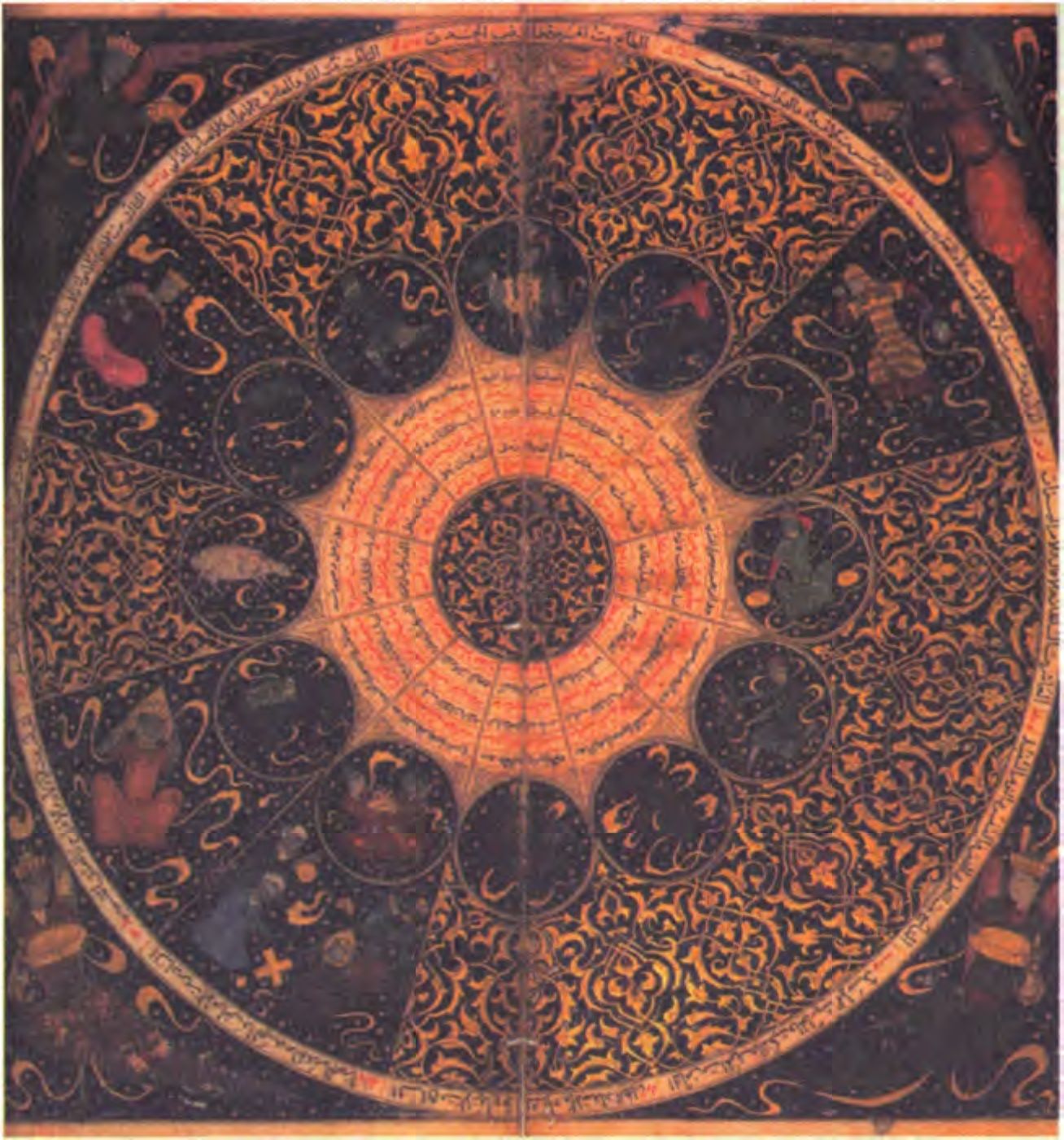 Прекрасный персидский гороскоп, датируемый 1384 г., Султана Искандара, внука Тамерлана. Необычным является асцендент, расположенный на верху изображения. Венера — в третьем доме, играет на лютне. Солнце в пятом доме, а в шестом доме собрались Луна, Юпитер, Сатурн и Меркурий. (Институт Вэлком)