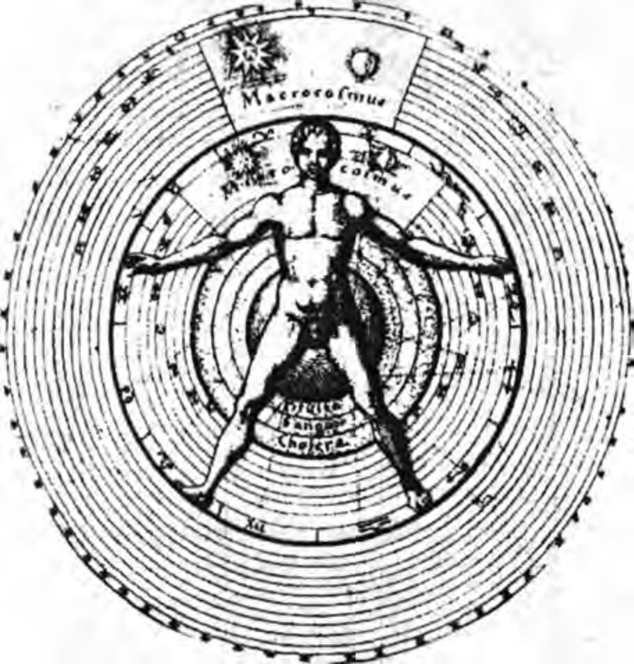 Титульный лист «Утриск Косми» Роберта Фладда, 1617 г., где изображен человек-микрокосм, на котором сфокусированы вселенские силы, исходящие от звезд и планет. (Британская Библиотека)