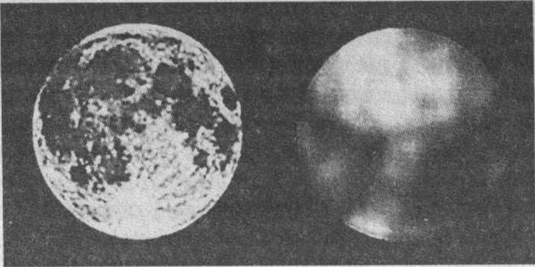 Рис. 16. Обычный вид Луны (слева) и распределение плотности вероятности быстродвижущихся объектов по диску спутника (справа)