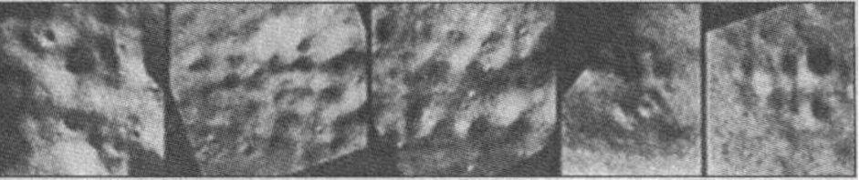 Рис. 33. Различные стадии разрушения и проявления подповерхностных пустот на лунных равнинах. Последовательность во времени соответствует движению справа налево