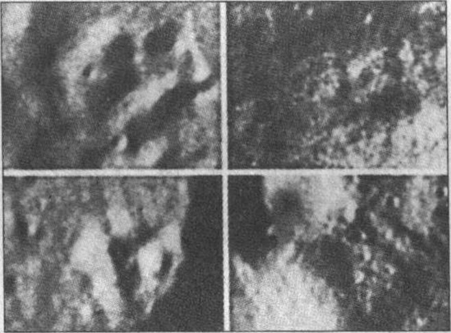 Рис. 37. Кандидаты в археологические памятники Луны — четырехугольные холмы, окруженные возможными следами земляных работ. Провалы на вершинах показывают, что холмы полые
