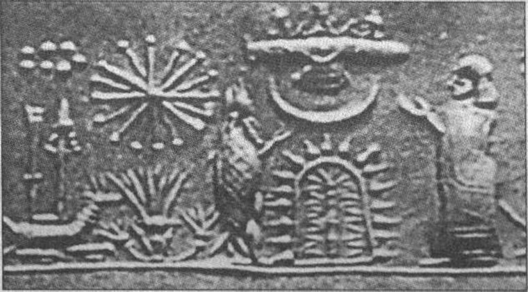 Рис. 38. Оттиск месопотамской цилиндрической печати, возможно изображающий встречу с лунными существами