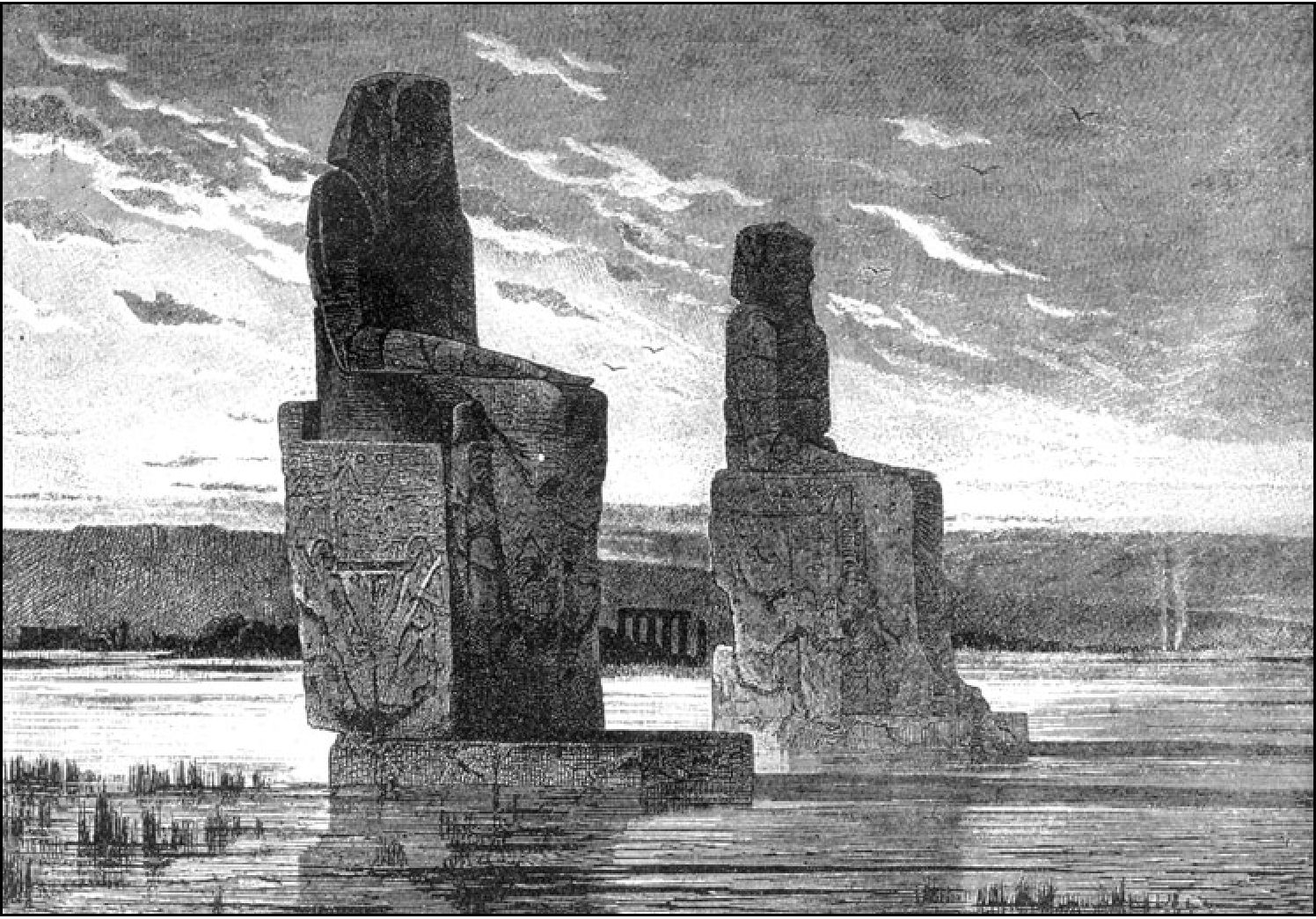 Колоссы на фиванской равнине во время половодья, ориентированные на восход солнца в зимнее солнцестояние (монолитные изваяния Аменхотепа III высотой 18 м)