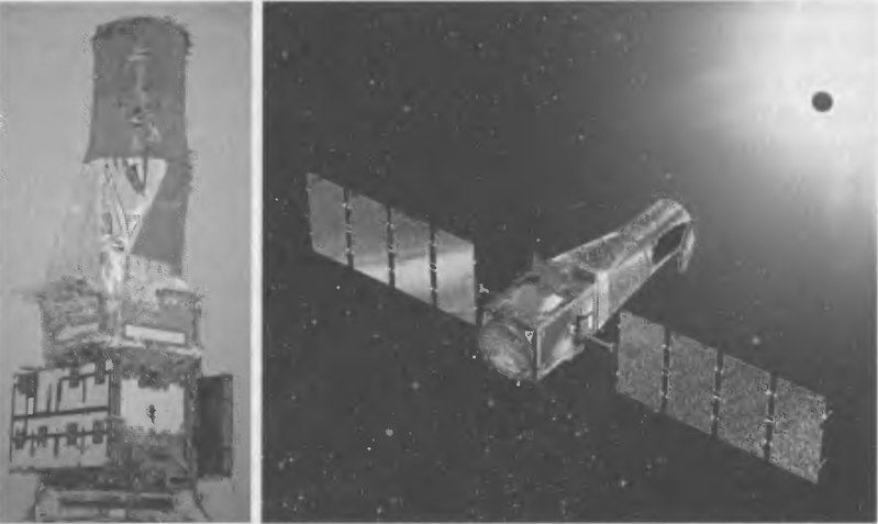 Рис. 6.4. Космический телескоп COROT: слева — подготовленный к запуску; справа — в процессе наблюдения за прохождением планеты по диску звезды (рисунок D. Ducros, CNES). Размер спутника: длина 4,1 м, диаметр 2 м (без панелей солнечных батарей). Полная масса 630 кг, масса научной аппаратуры 300 кг. Точность наведения телескопа 0,5″. Мощность канала связи 1,5 Гбит/сутки. Основной вклад в создание этой космической обсерватории внес Национальный центр космических исследований Франции (Centre national d'études spatiales — CNES)