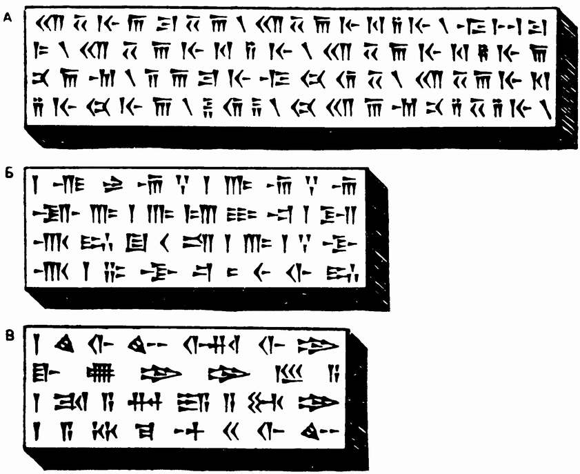 Рис. 2. Один и тот же текст, написанный персидскими (А), эламскими (Б) и вавилонскими (В) письменными знаками