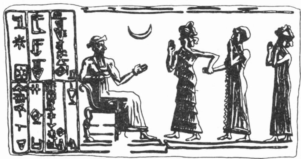 Рис. 30. Син, бог Луны, сидящий на троне (древний шумерский рисунок)