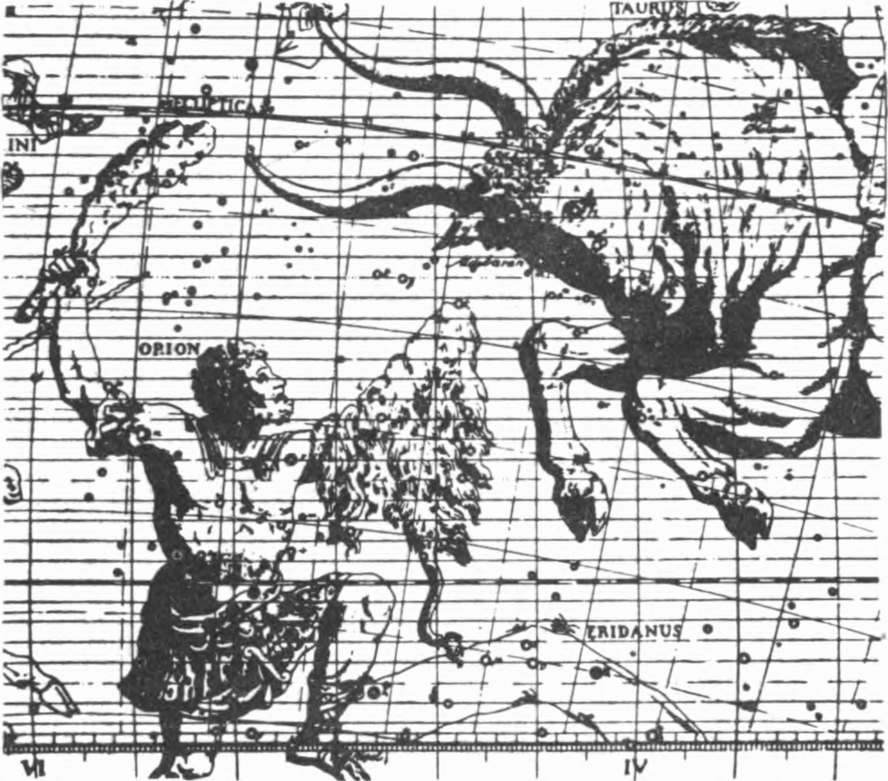 Рис. 52. Созвездия Ориона и Тельца на старинной звездной карте